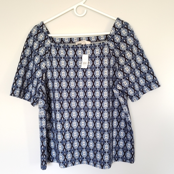 Ann Taylor Loft Diamond Jacquard Knit Square Neck Short Sleeve Top Blue Sz Large - Picture 2 of 6